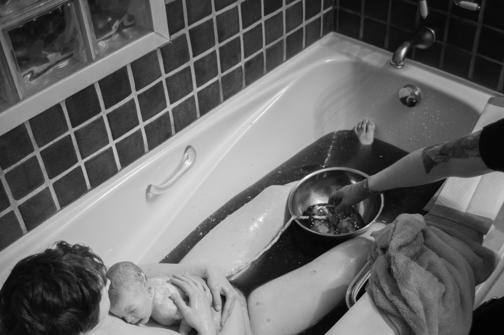 A naked mom and babe recline together in a tub where the birth just took place. A midwife's hand reaches out towards the placenta that is floating in a metal bowl, the umbilical chord outstretched and still connected to baby.
